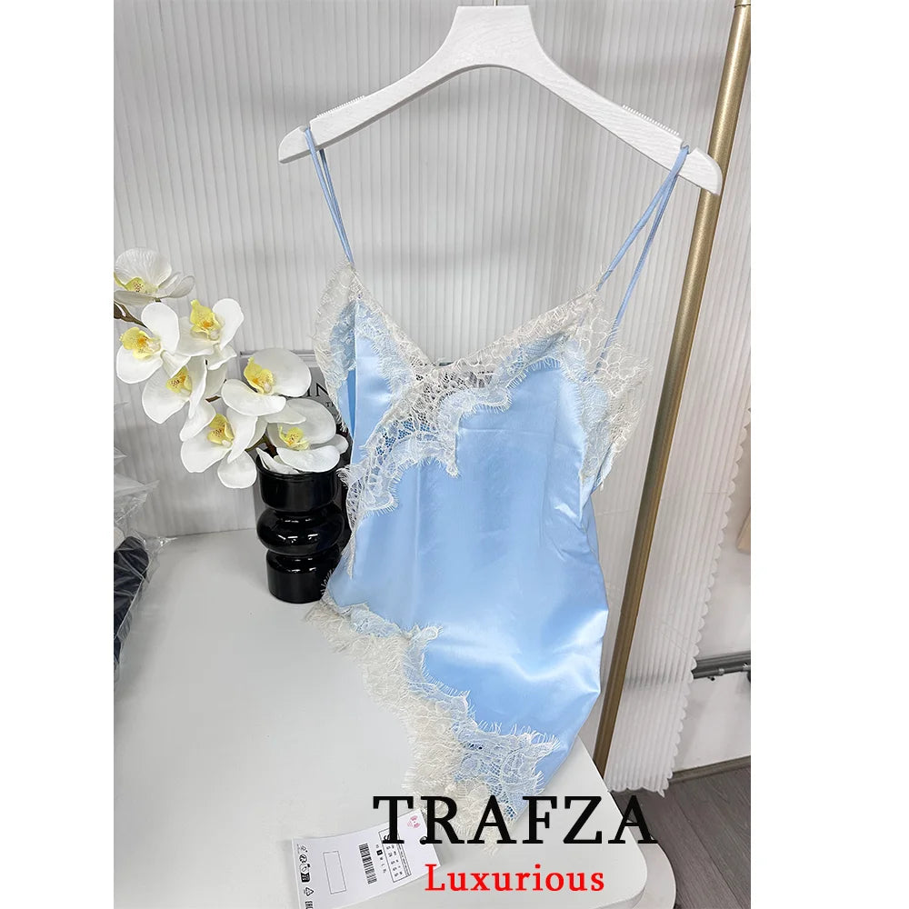 TRAFZA Sexy Chic Black Lace Cami Tops Women V Neck Patchwork Sleeveless Y2K Girl Tops Fashion 2025 Summer Holiday Beach Tops