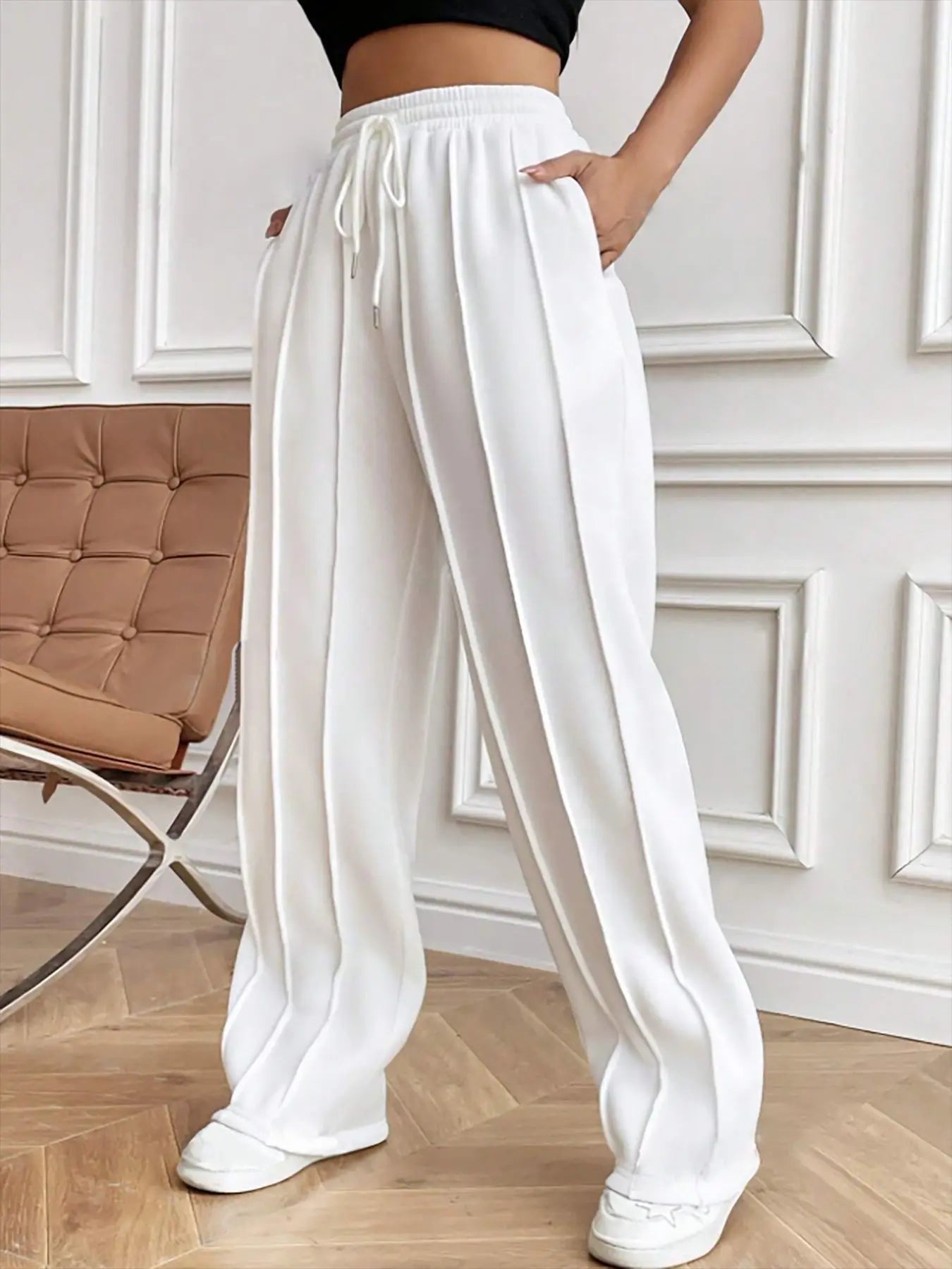 European and American women's casual fashion sweatpants with drawstring, vertical stripes, straight leg sports pants for women