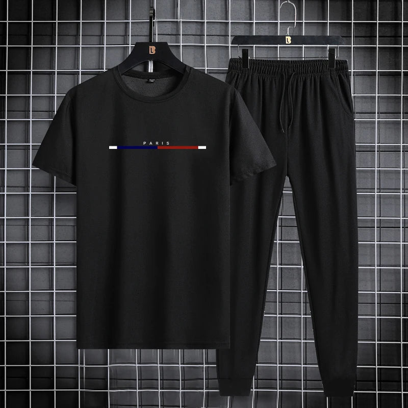 Men's sports suit summer round neck T-shirt ankle pants casual trend printed fashion two-piece set new