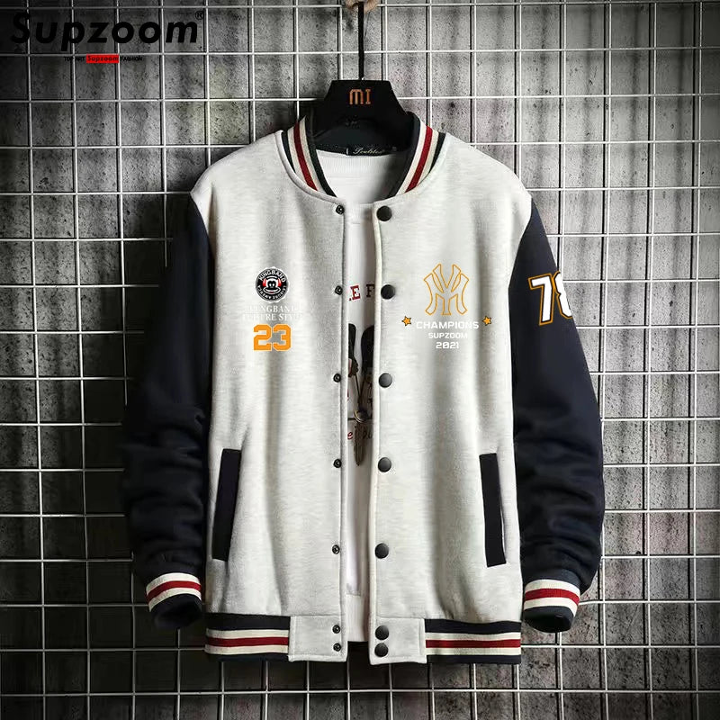 Supzoom 2023 New Arrival Letter Rib Sleeve Cotton Fashion Logo Single Breasted Casual Bomber Baseball Jacket Loose Cardigan Coat