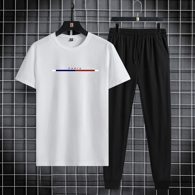 Men's sports suit summer round neck T-shirt ankle pants casual trend printed fashion two-piece set new
