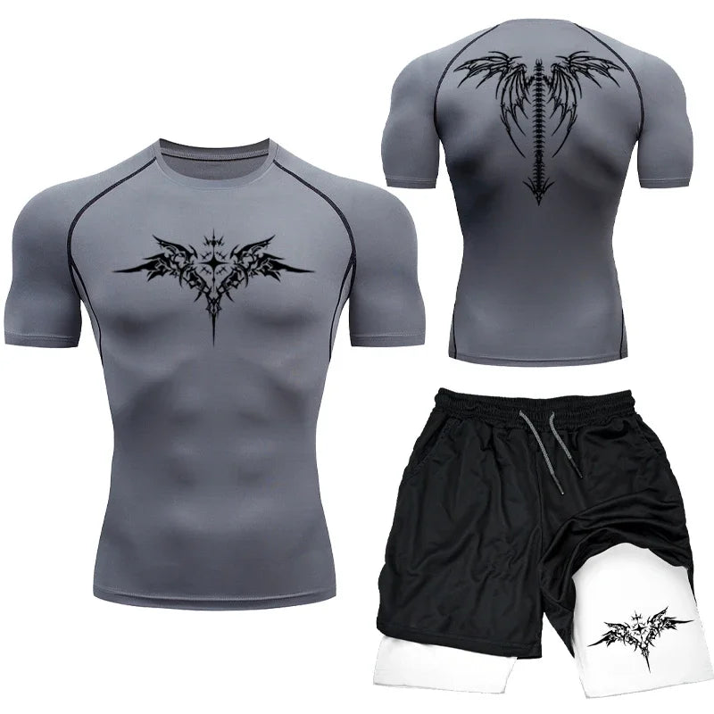 New MMA Boxing Compression Set Sportwear for Men Quick Dry Gym Shorts T Shirt Running Workout Tight Sport Rashguard 2PCS Suit