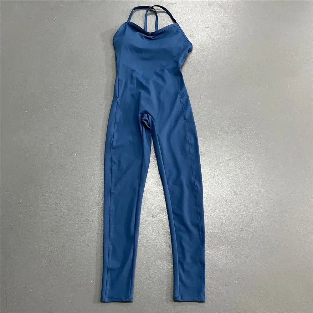 Women Athleisure Fitness Bodysuit 2025 Backless One Piece Yoga Jumpsuit Sports Gym Workout Clothes for Women Tights Active Wear