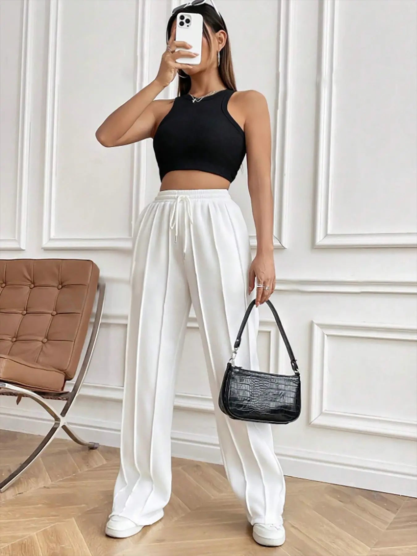 European and American women's casual fashion sweatpants with drawstring, vertical stripes, straight leg sports pants for women