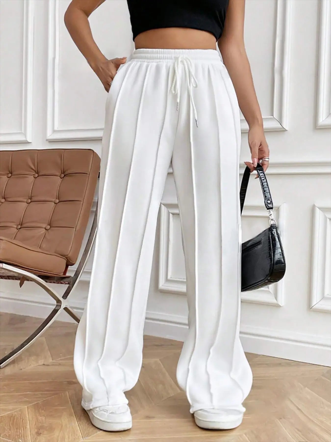 European and American women's casual fashion sweatpants with drawstring, vertical stripes, straight leg sports pants for women