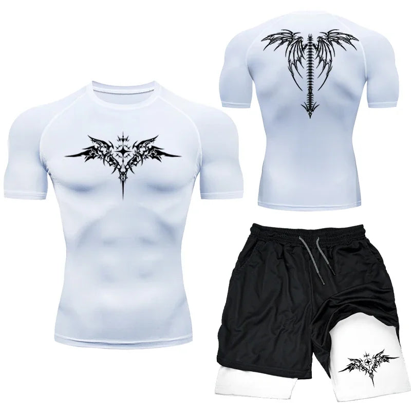 New MMA Boxing Compression Set Sportwear for Men Quick Dry Gym Shorts T Shirt Running Workout Tight Sport Rashguard 2PCS Suit