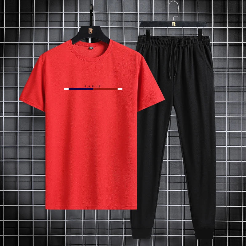 Men's sports suit summer round neck T-shirt ankle pants casual trend printed fashion two-piece set new