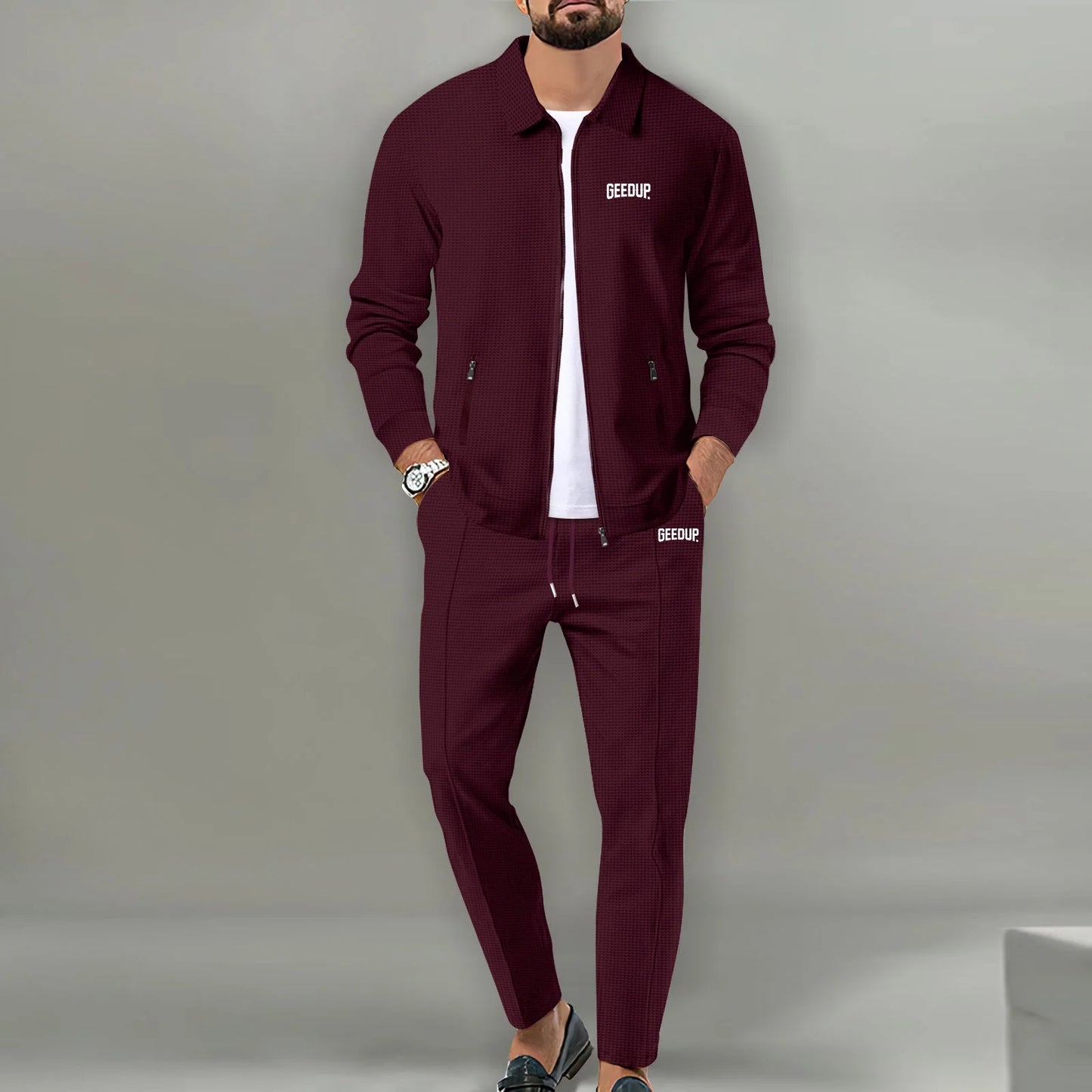 Men's casual sports suit, youth spring and autumn Waffle zipper pocket lapel slim fashion long sleeve cardigan, men's jacket set
