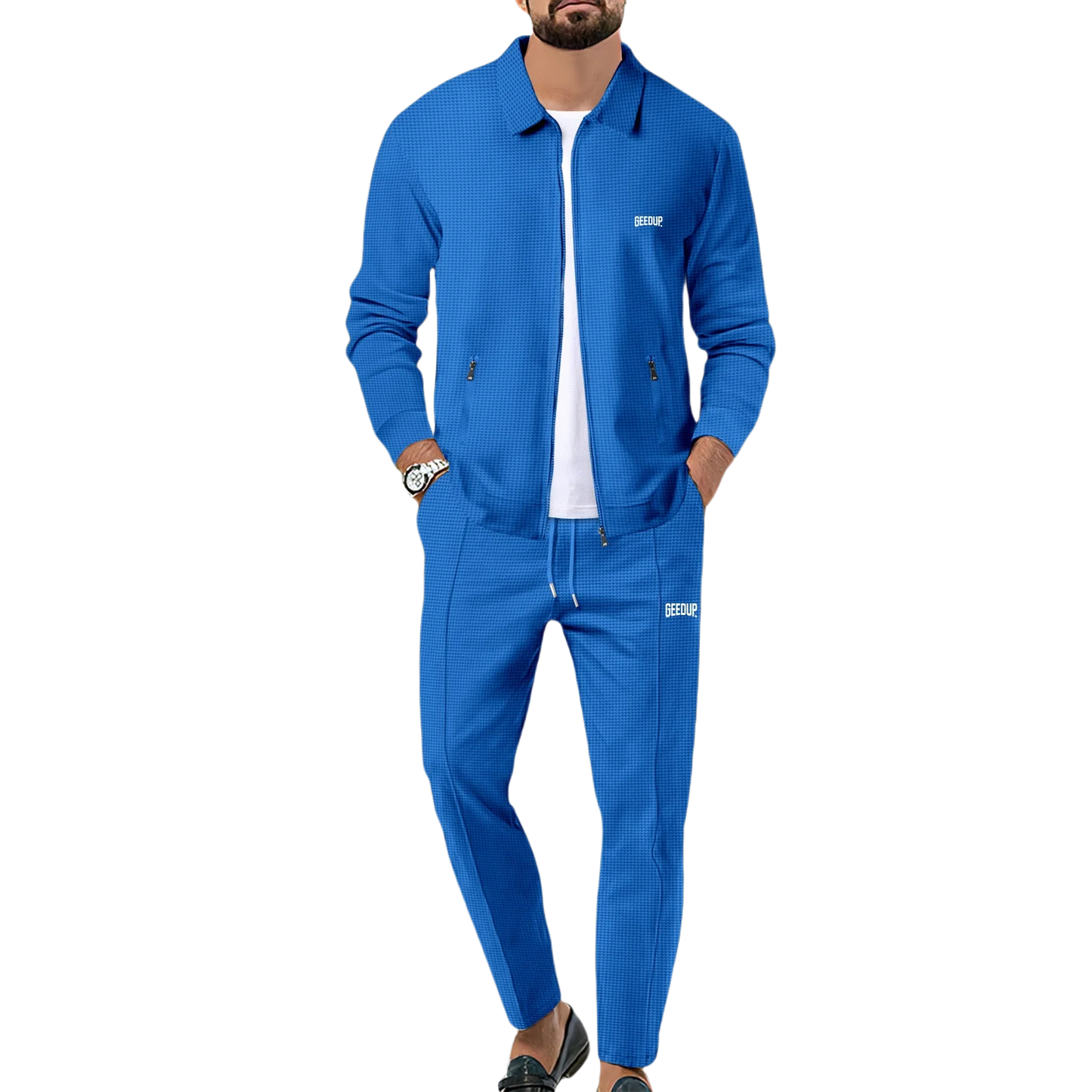 Men's casual sports suit, youth spring and autumn Waffle zipper pocket lapel slim fashion long sleeve cardigan, men's jacket set