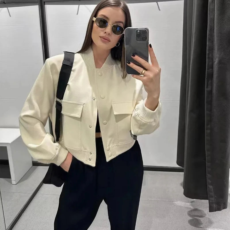 1PCS Woman Bomber Jacket Coat White Autumn Winter Button Baseball Aviator Cropped Jackets for Women Long Sleeve Crop Outerwear