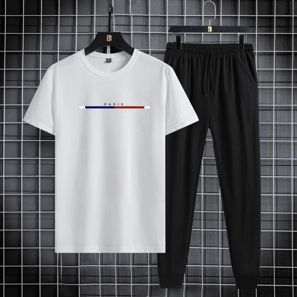 Men's sports suit summer round neck T-shirt ankle pants casual trend printed fashion two-piece set new