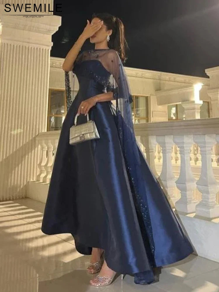 SWEMILE Elegant Sequined Appliques Lace Evening Dresses With Tulle Shawl Pleat Satin A-Line Strapless Prom Gowns Sweep Train
