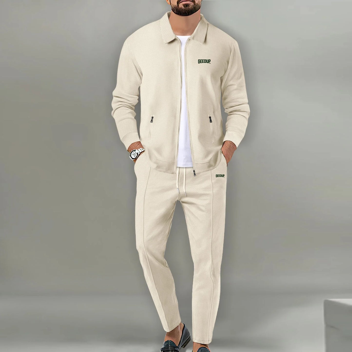 Men's casual sports suit, youth spring and autumn Waffle zipper pocket lapel slim fashion long sleeve cardigan, men's jacket set