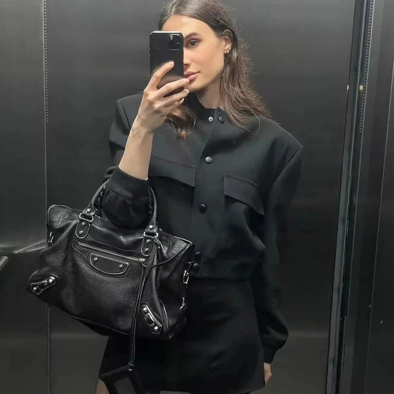 1PCS Woman Bomber Jacket Coat White Autumn Winter Button Baseball Aviator Cropped Jackets for Women Long Sleeve Crop Outerwear