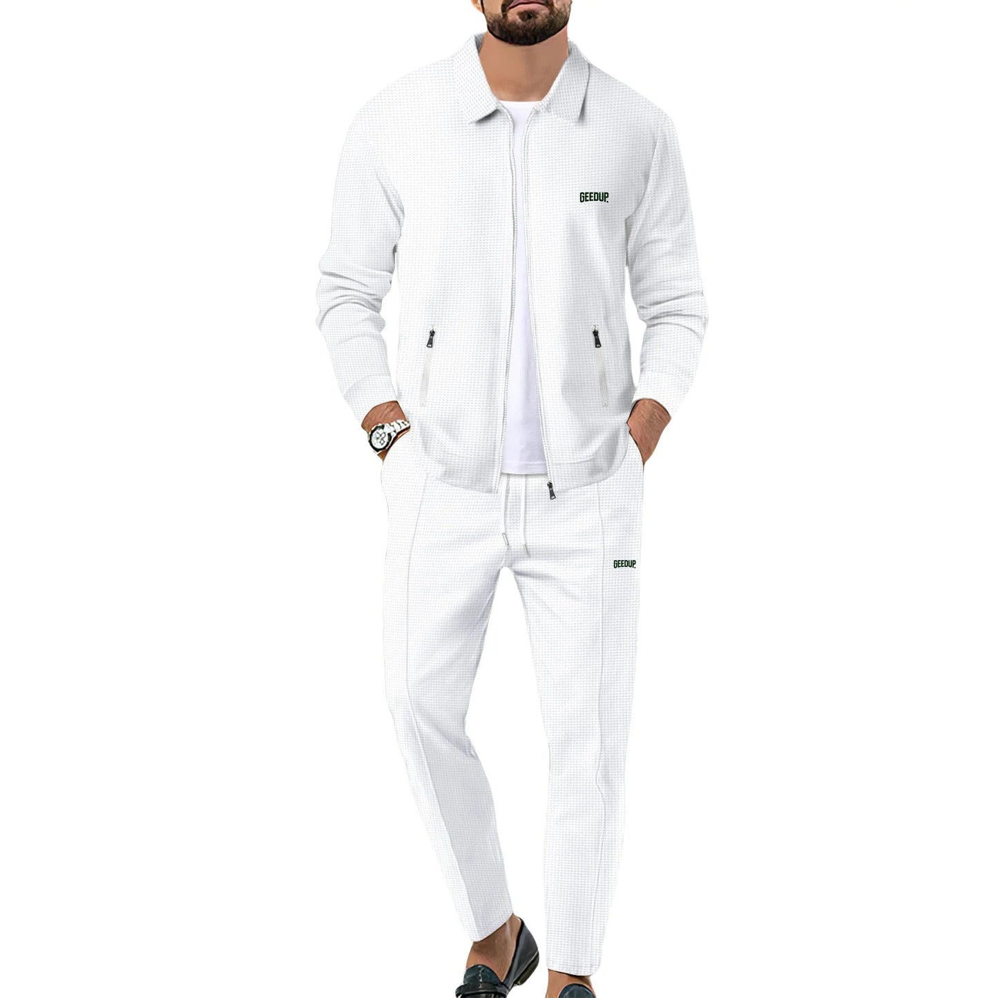 Men's casual sports suit, youth spring and autumn Waffle zipper pocket lapel slim fashion long sleeve cardigan, men's jacket set