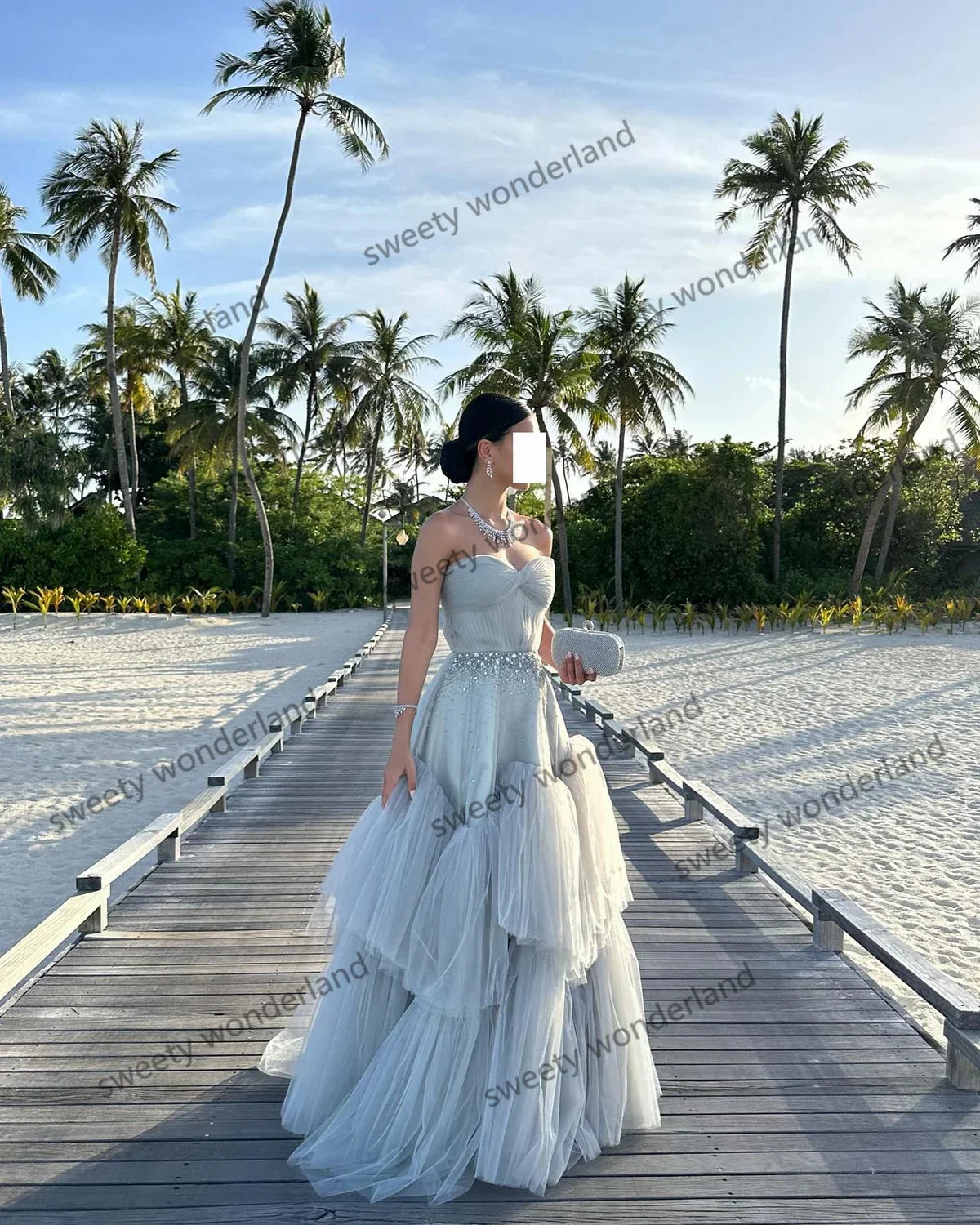 A Line Tulle Evening Dresses Woman Pleat Skirt Sequins vestidos de noche Prom Dress Layers Wedding Party Gown Customized