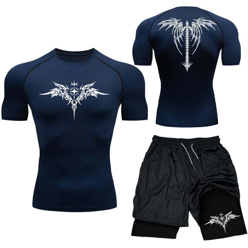 New MMA Boxing Compression Set Sportwear for Men Quick Dry Gym Shorts T Shirt Running Workout Tight Sport Rashguard 2PCS Suit