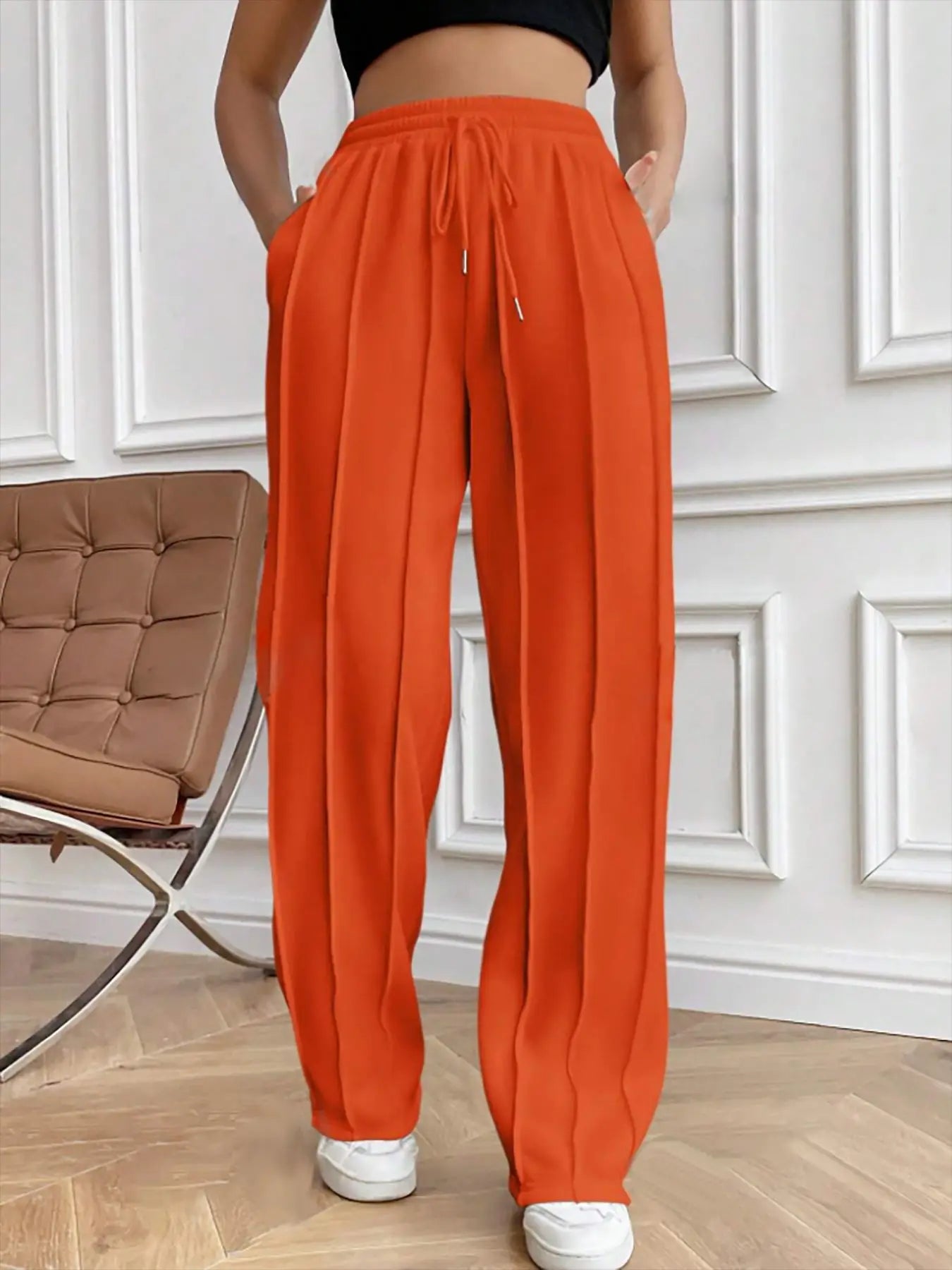 European and American women's casual fashion sweatpants with drawstring, vertical stripes, straight leg sports pants for women