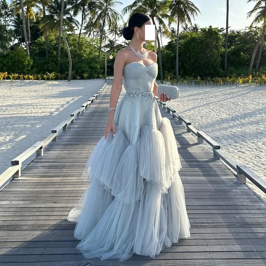 A Line Tulle Evening Dresses Woman Pleat Skirt Sequins vestidos de noche Prom Dress Layers Wedding Party Gown Customized