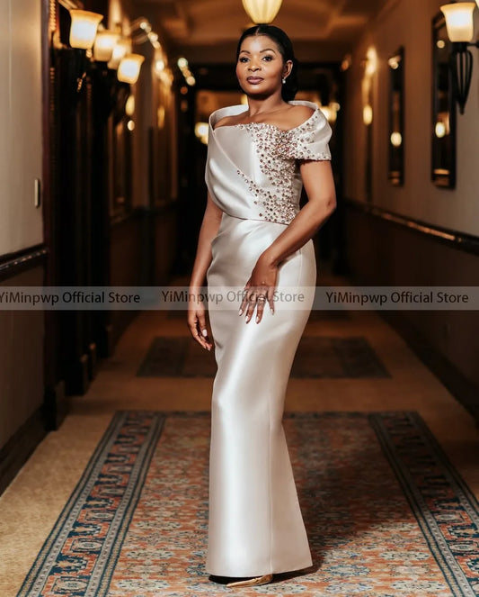 Ivory Mother of the Bride Dress For Wedding Off Shoulder Straight Crystal Satin Wedding Guest Dresses Floor Length Customized