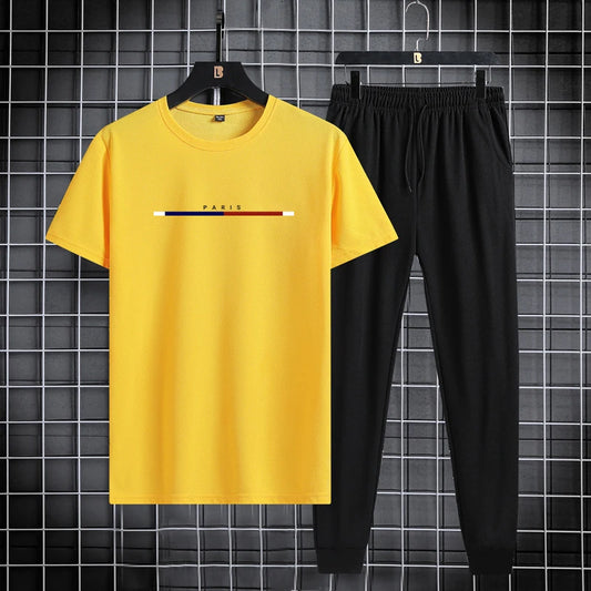 Men's sports suit summer round neck T-shirt ankle pants casual trend printed fashion two-piece set new