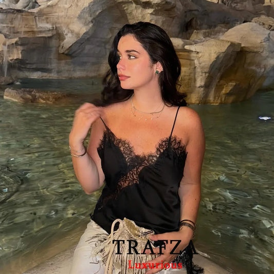 TRAFZA Sexy Chic Black Lace Cami Tops Women V Neck Patchwork Sleeveless Y2K Girl Tops Fashion 2025 Summer Holiday Beach Tops