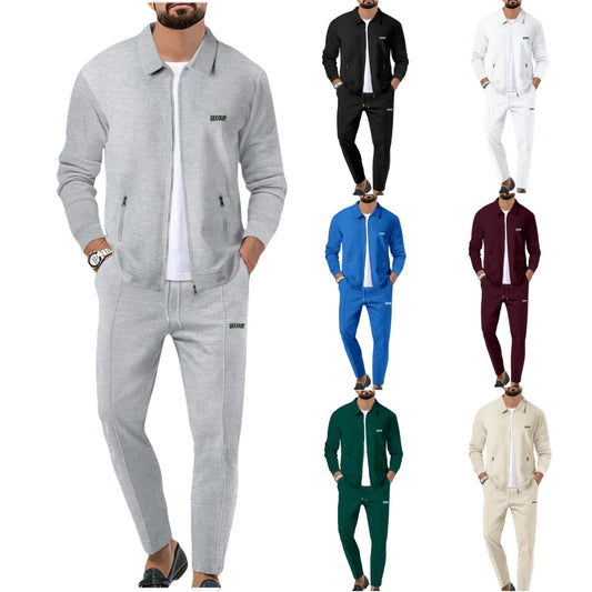 Men's casual sports suit, youth spring and autumn Waffle zipper pocket lapel slim fashion long sleeve cardigan, men's jacket set