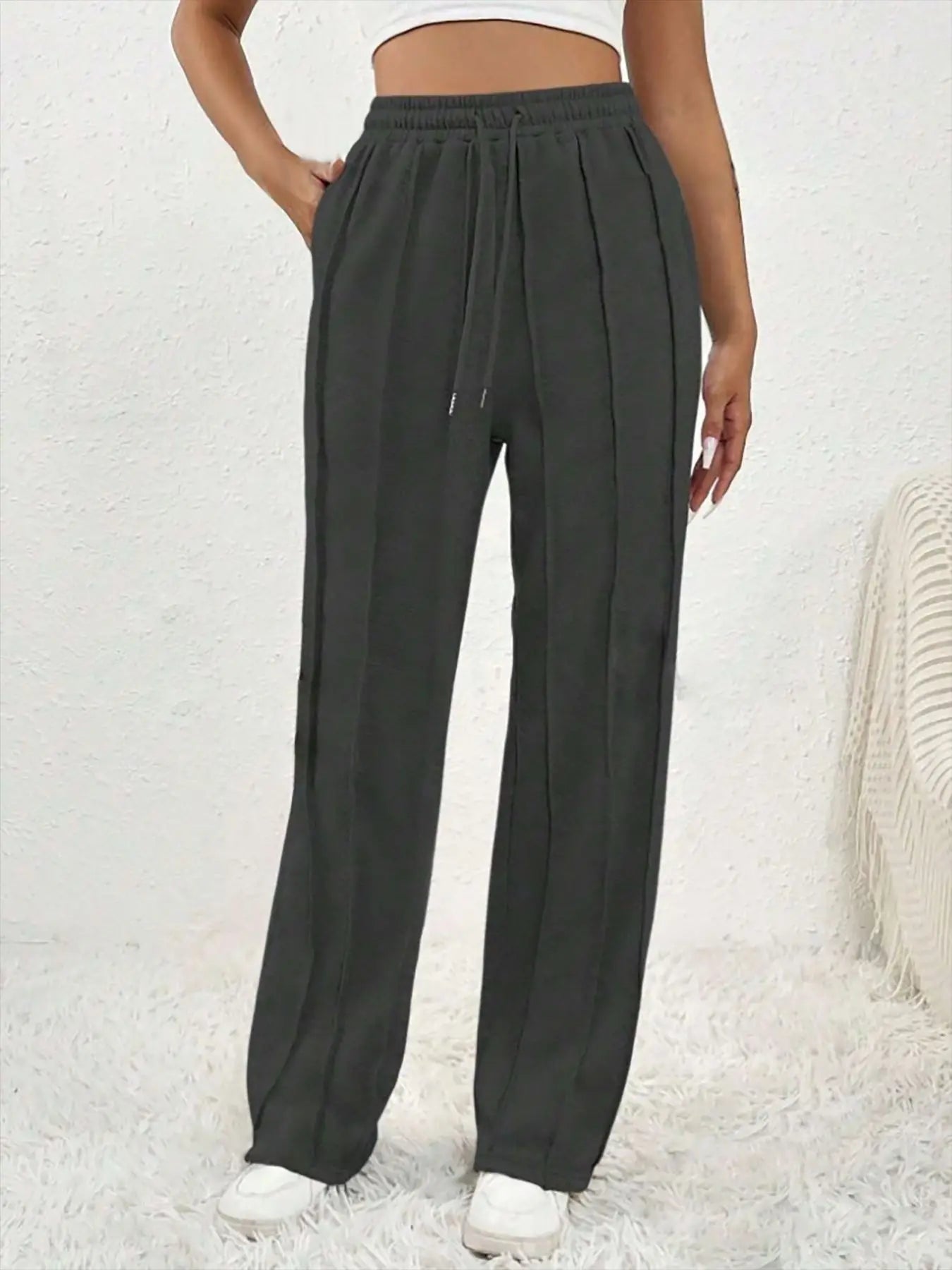 European and American women's casual fashion sweatpants with drawstring, vertical stripes, straight leg sports pants for women