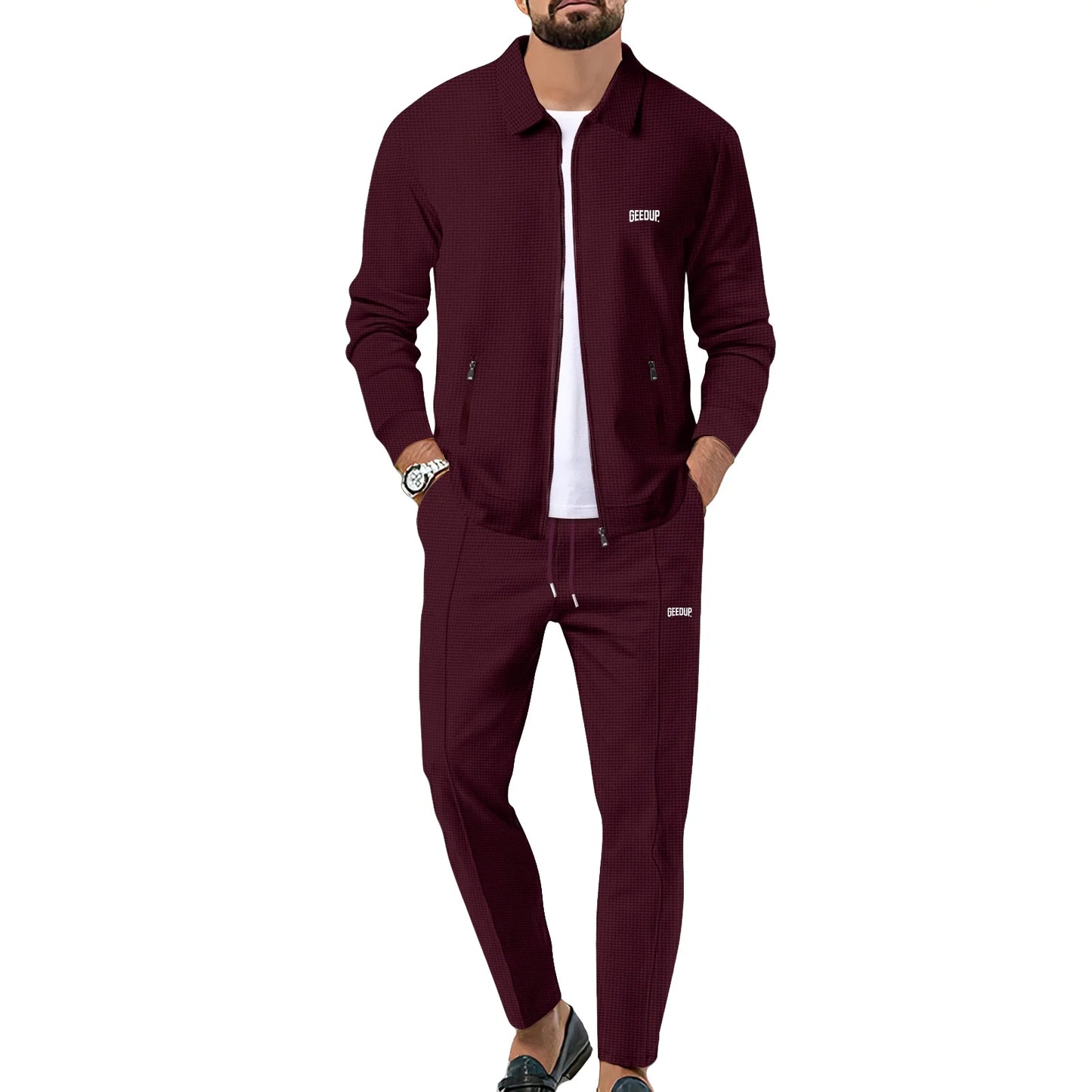 Men's casual sports suit, youth spring and autumn Waffle zipper pocket lapel slim fashion long sleeve cardigan, men's jacket set