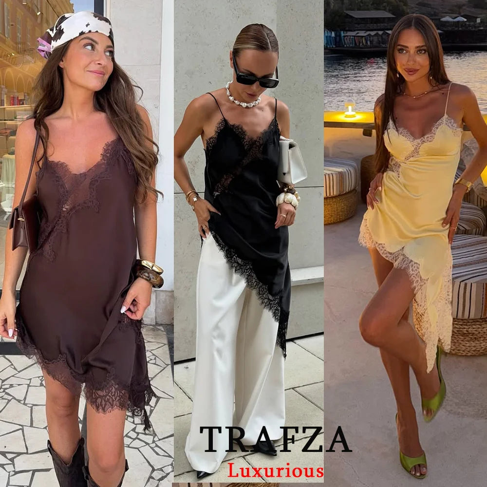 TRAFZA Sexy Chic Black Lace Cami Tops Women V Neck Patchwork Sleeveless Y2K Girl Tops Fashion 2025 Summer Holiday Beach Tops