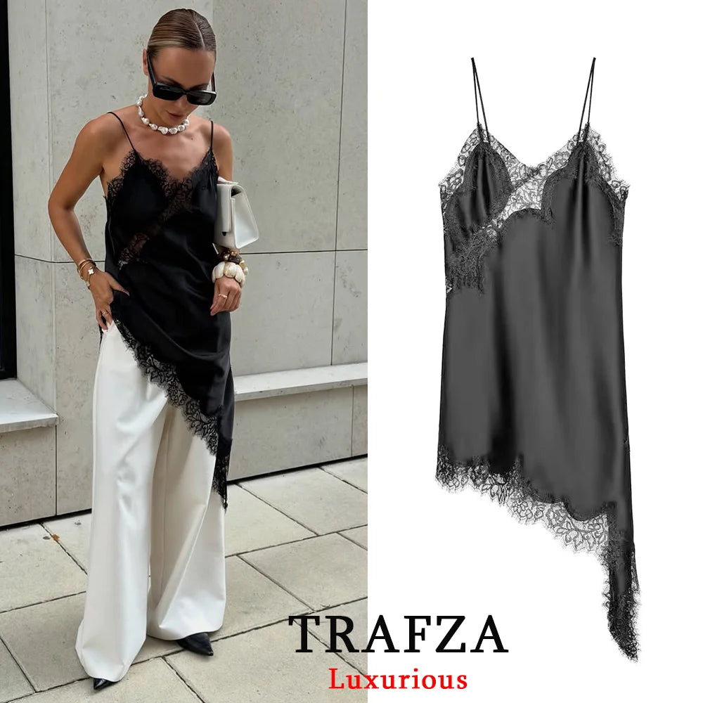 TRAFZA Sexy Chic Black Lace Cami Tops Women V Neck Patchwork Sleeveless Y2K Girl Tops Fashion 2025 Summer Holiday Beach Tops