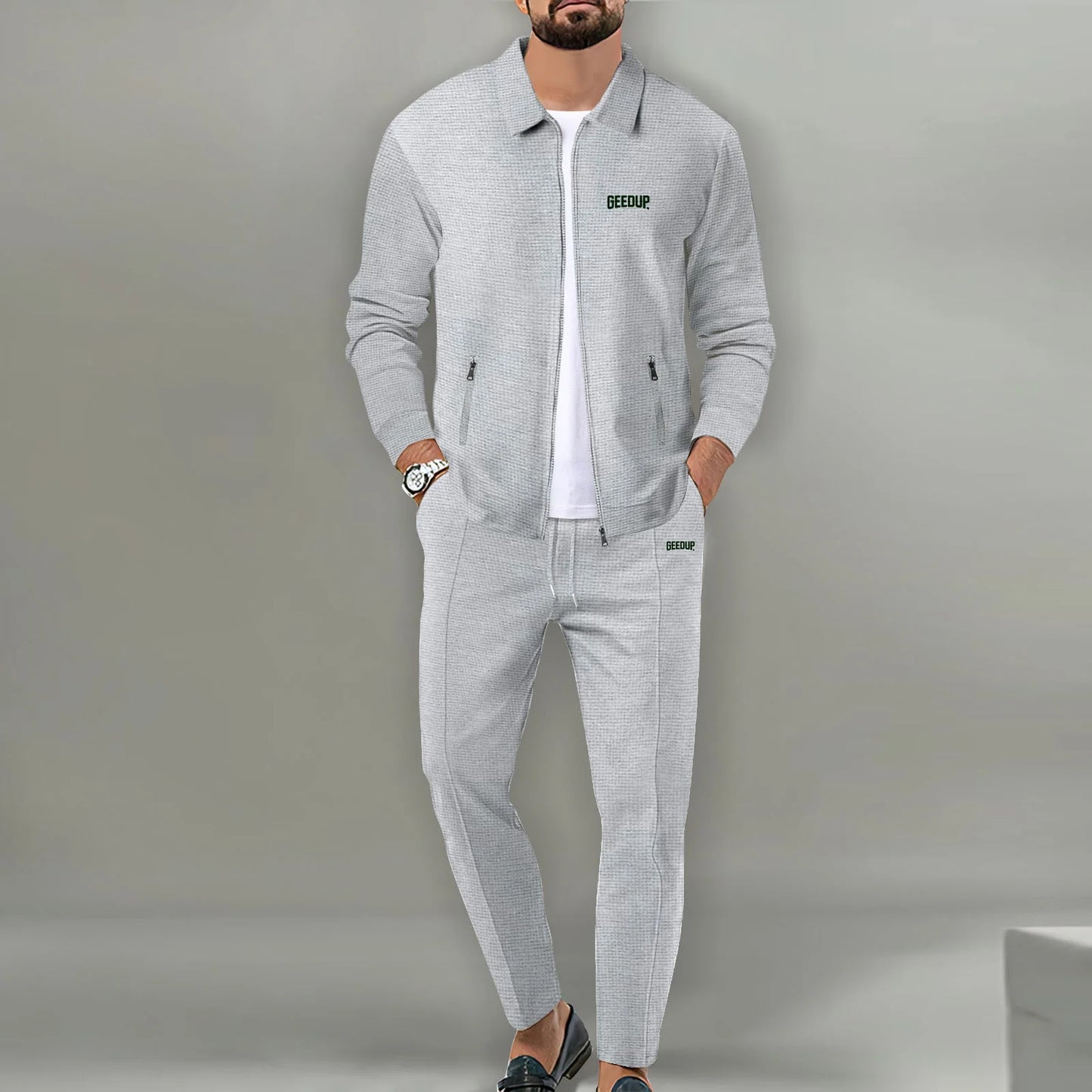 Men's casual sports suit, youth spring and autumn Waffle zipper pocket lapel slim fashion long sleeve cardigan, men's jacket set