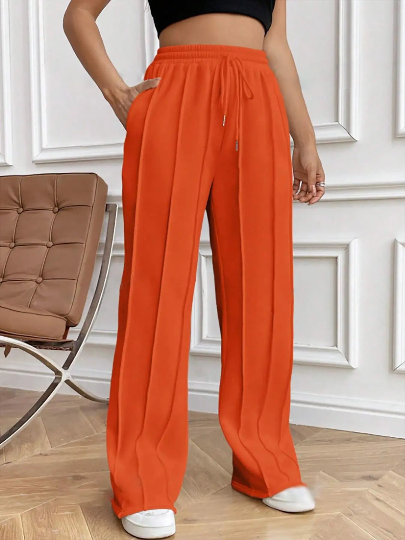 European and American women's casual fashion sweatpants with drawstring, vertical stripes, straight leg sports pants for women