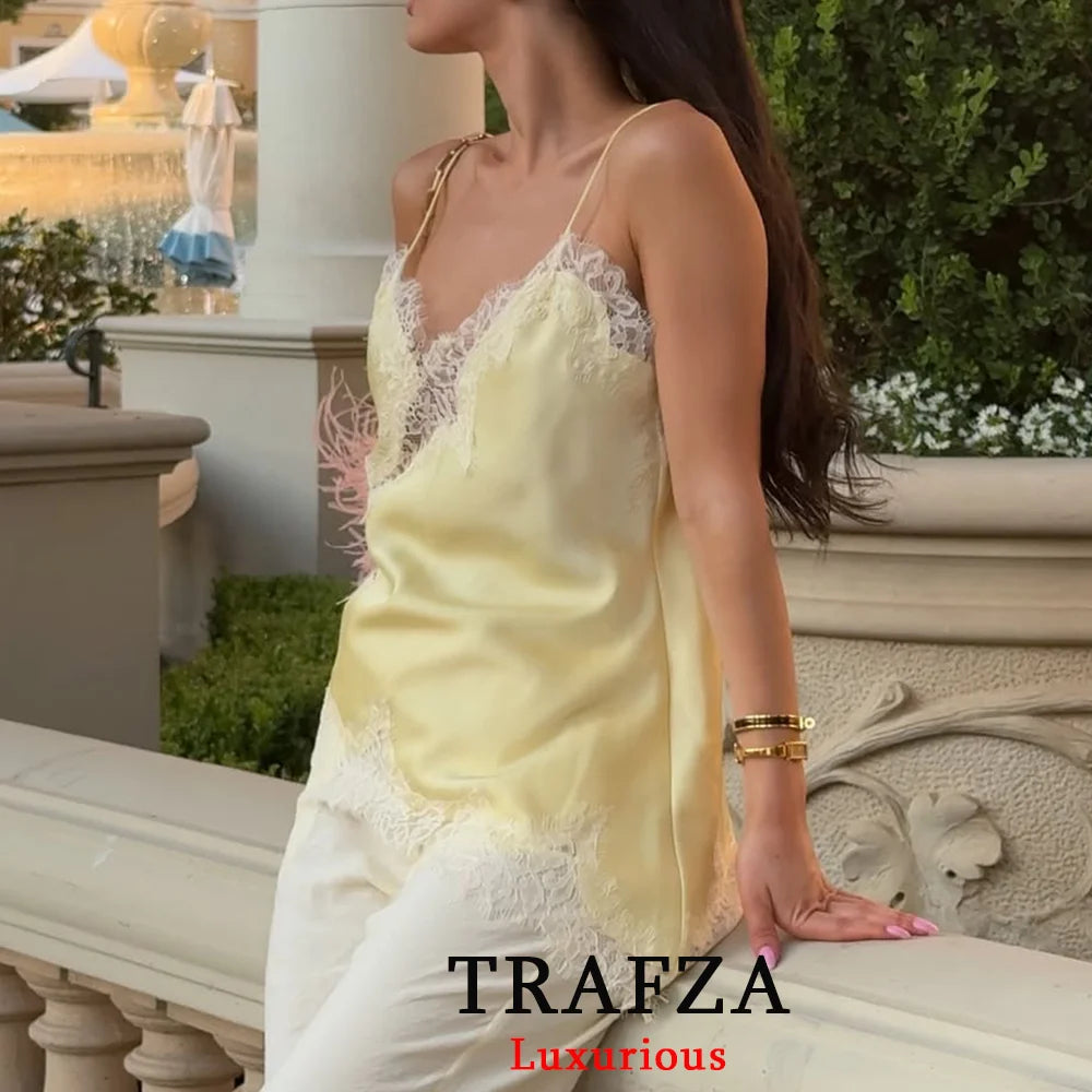 TRAFZA Sexy Chic Black Lace Cami Tops Women V Neck Patchwork Sleeveless Y2K Girl Tops Fashion 2025 Summer Holiday Beach Tops