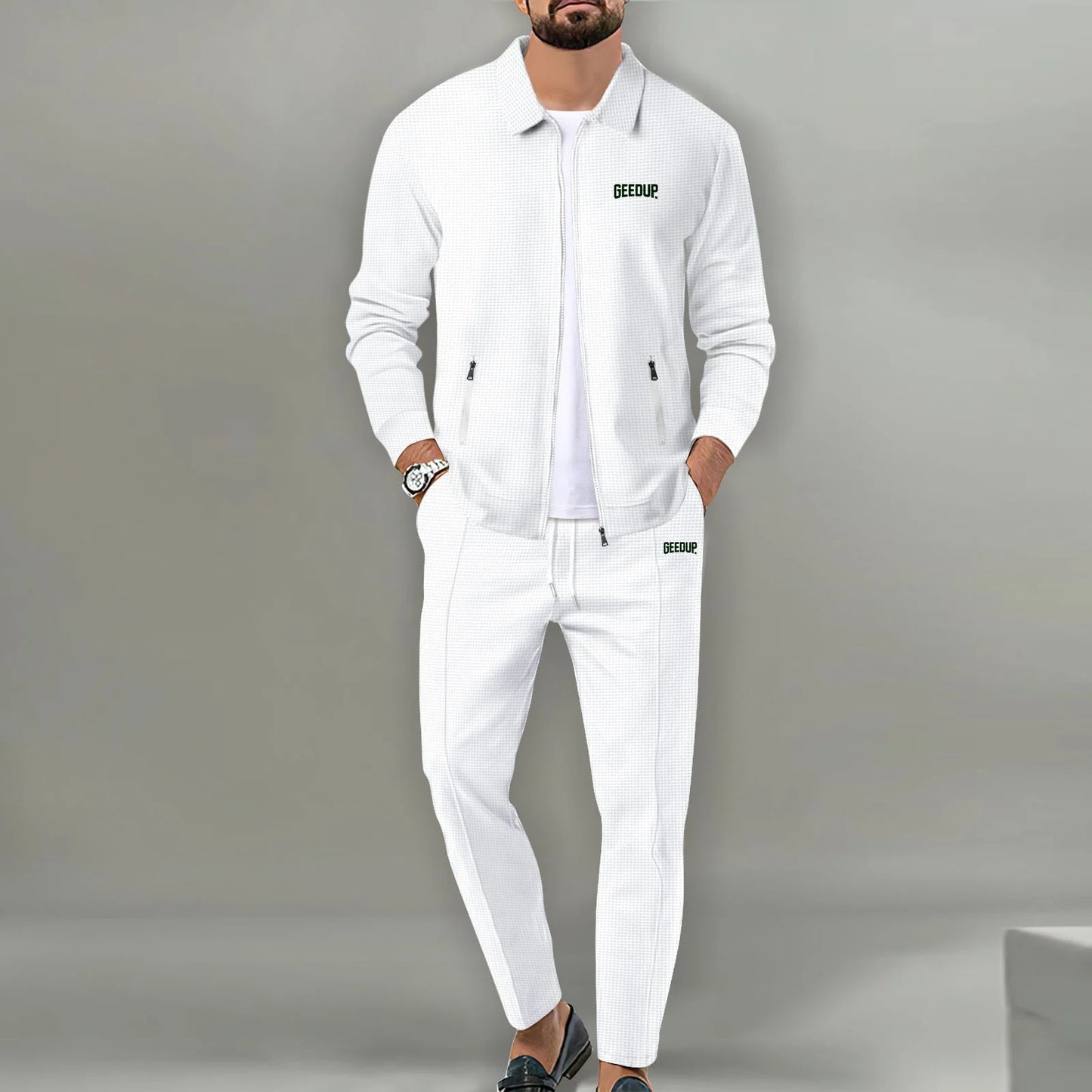 Men's casual sports suit, youth spring and autumn Waffle zipper pocket lapel slim fashion long sleeve cardigan, men's jacket set