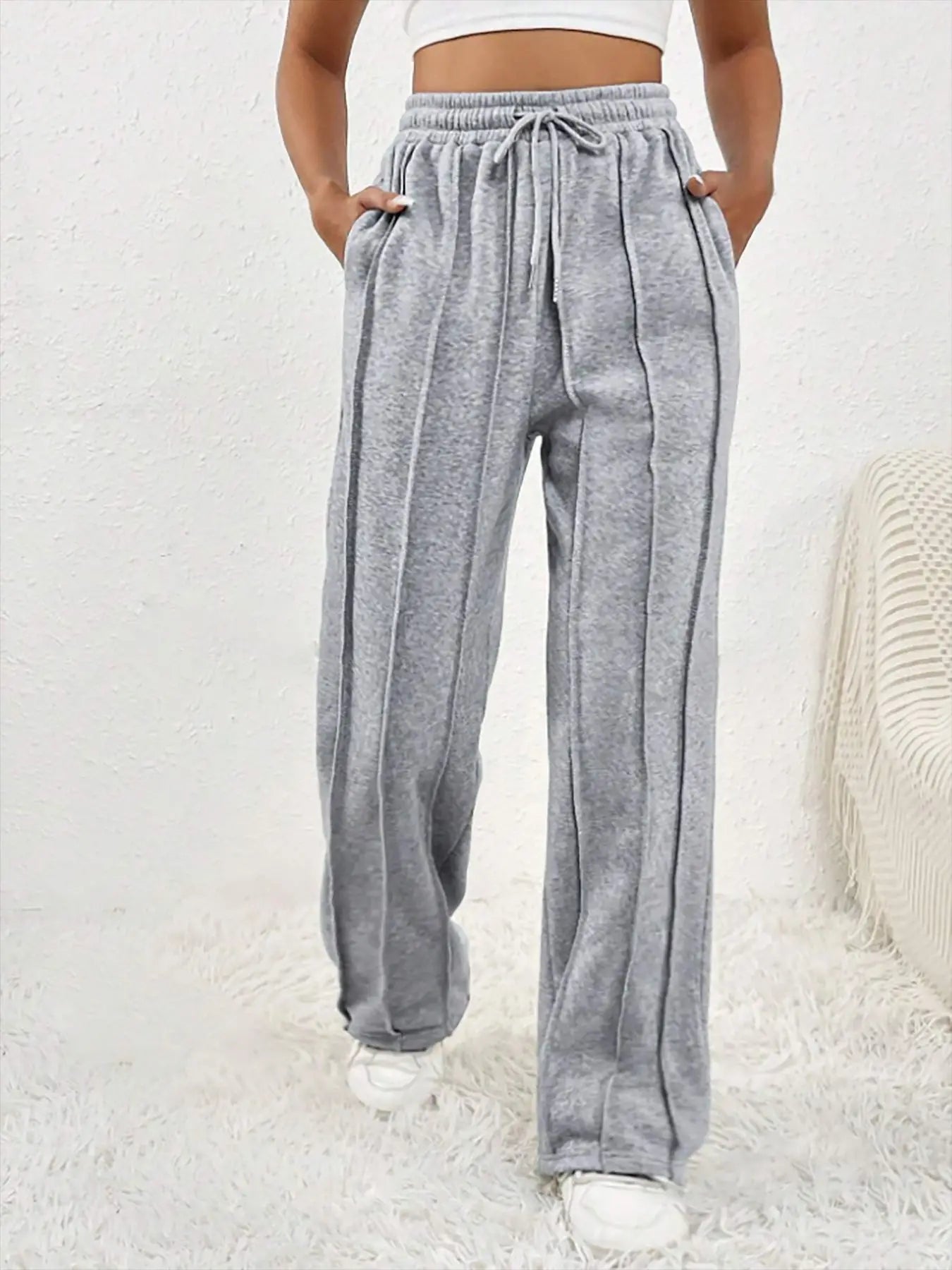 European and American women's casual fashion sweatpants with drawstring, vertical stripes, straight leg sports pants for women