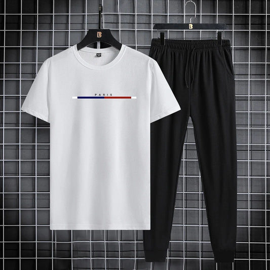 Men's sports suit summer round neck T-shirt ankle pants casual trend printed fashion two-piece set new