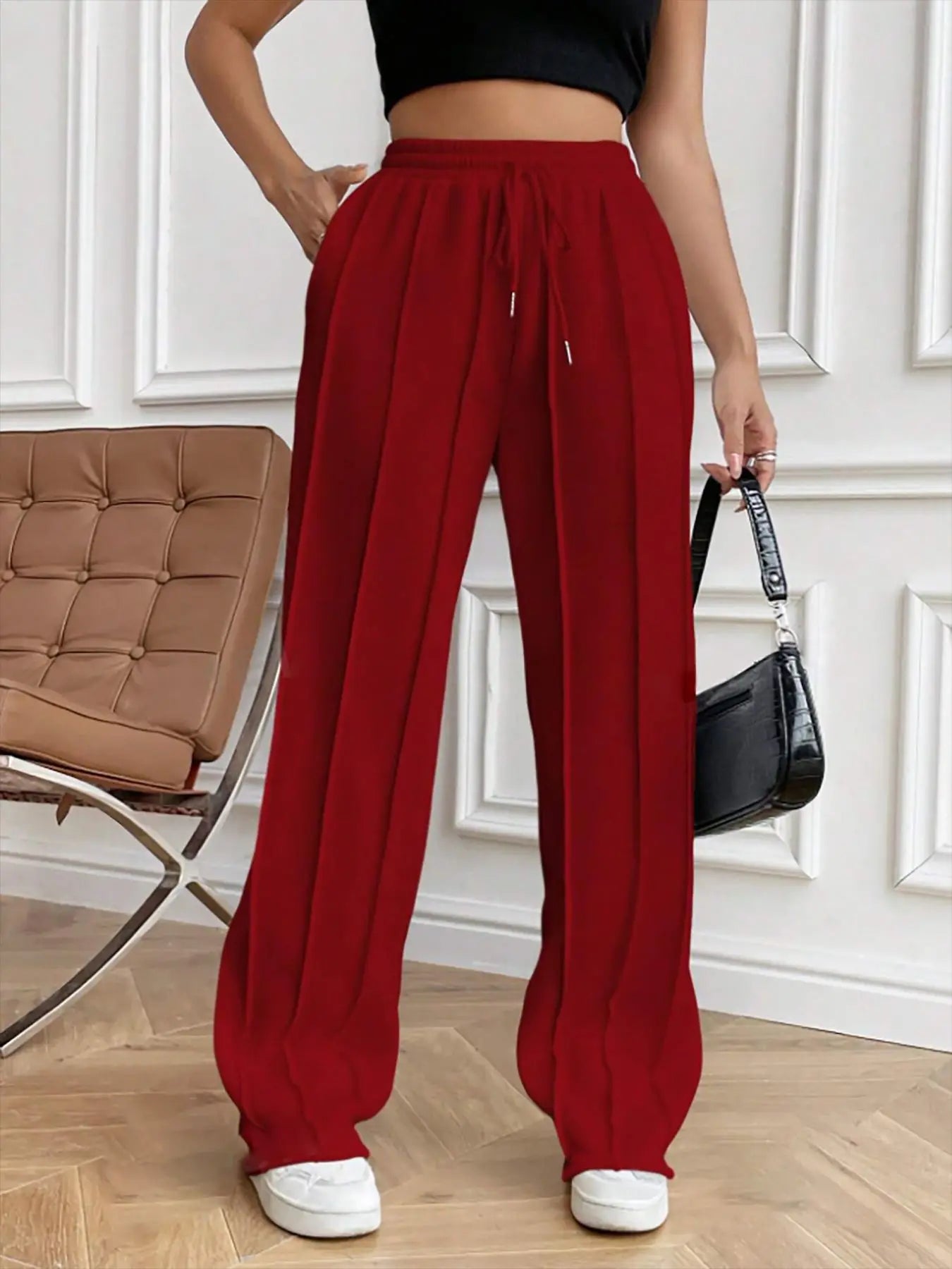 European and American women's casual fashion sweatpants with drawstring, vertical stripes, straight leg sports pants for women
