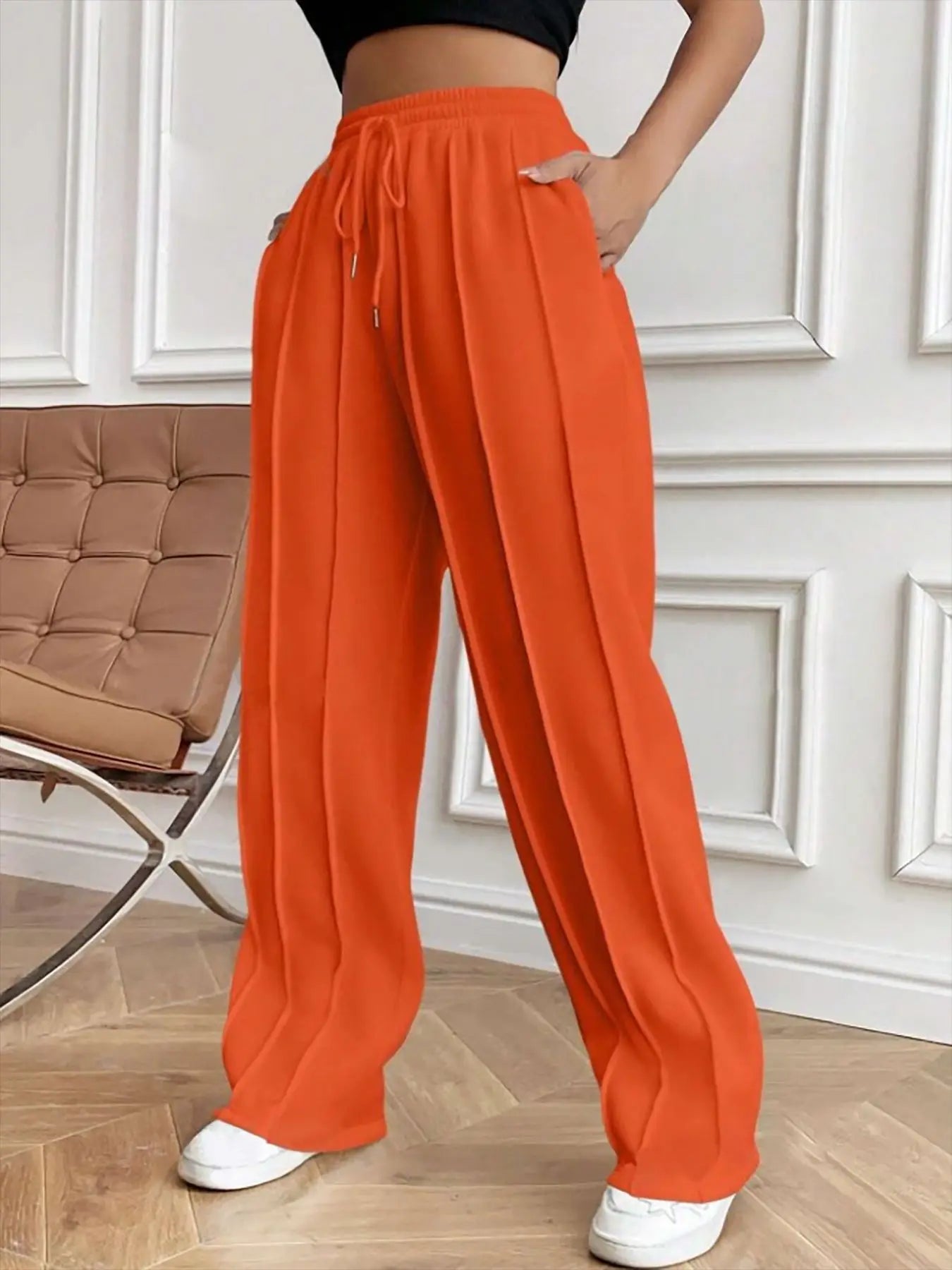 European and American women's casual fashion sweatpants with drawstring, vertical stripes, straight leg sports pants for women