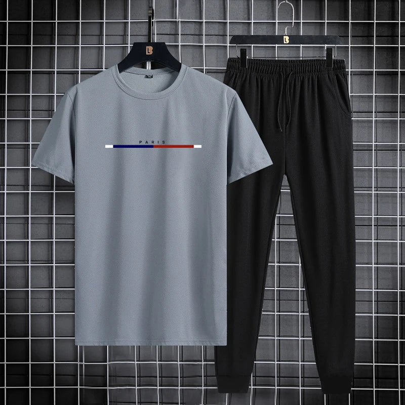 Men's sports suit summer round neck T-shirt ankle pants casual trend printed fashion two-piece set new