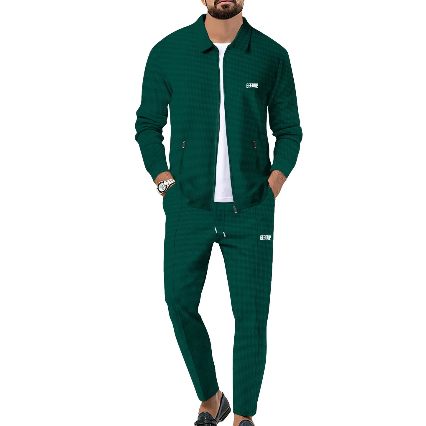 Men's casual sports suit, youth spring and autumn Waffle zipper pocket lapel slim fashion long sleeve cardigan, men's jacket set