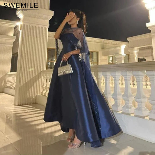 SWEMILE Elegant Sequined Appliques Lace Evening Dresses With Tulle Shawl Pleat Satin A-Line Strapless Prom Gowns Sweep Train