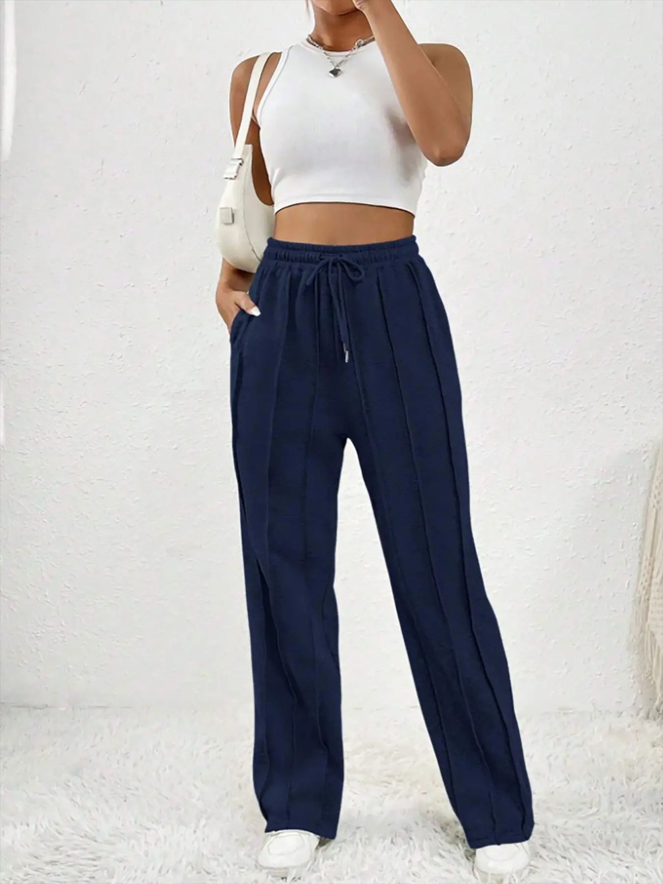 European and American women's casual fashion sweatpants with drawstring, vertical stripes, straight leg sports pants for women