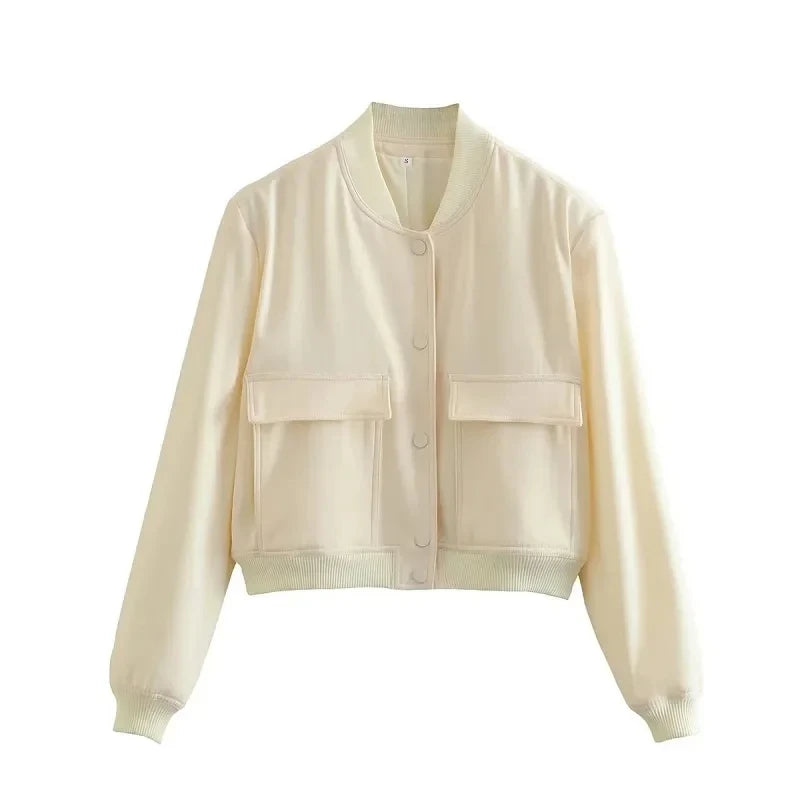 1PCS Woman Bomber Jacket Coat White Autumn Winter Button Baseball Aviator Cropped Jackets for Women Long Sleeve Crop Outerwear