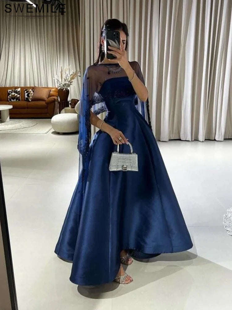 SWEMILE Elegant Sequined Appliques Lace Evening Dresses With Tulle Shawl Pleat Satin A-Line Strapless Prom Gowns Sweep Train