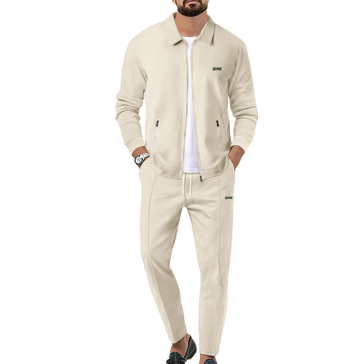 Men's casual sports suit, youth spring and autumn Waffle zipper pocket lapel slim fashion long sleeve cardigan, men's jacket set