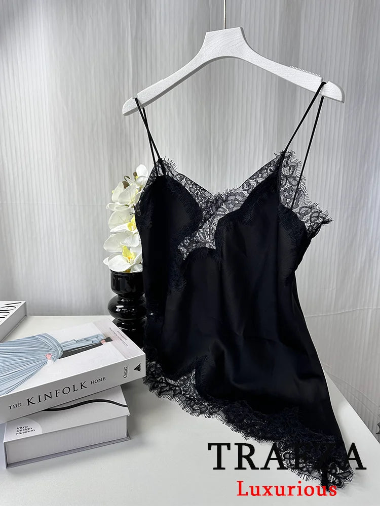 TRAFZA Sexy Chic Black Lace Cami Tops Women V Neck Patchwork Sleeveless Y2K Girl Tops Fashion 2025 Summer Holiday Beach Tops
