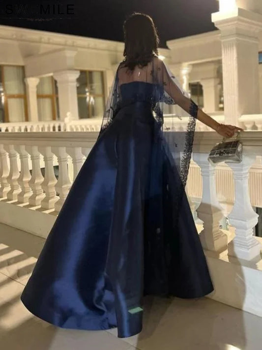 SWEMILE Elegant Sequined Appliques Lace Evening Dresses With Tulle Shawl Pleat Satin A-Line Strapless Prom Gowns Sweep Train