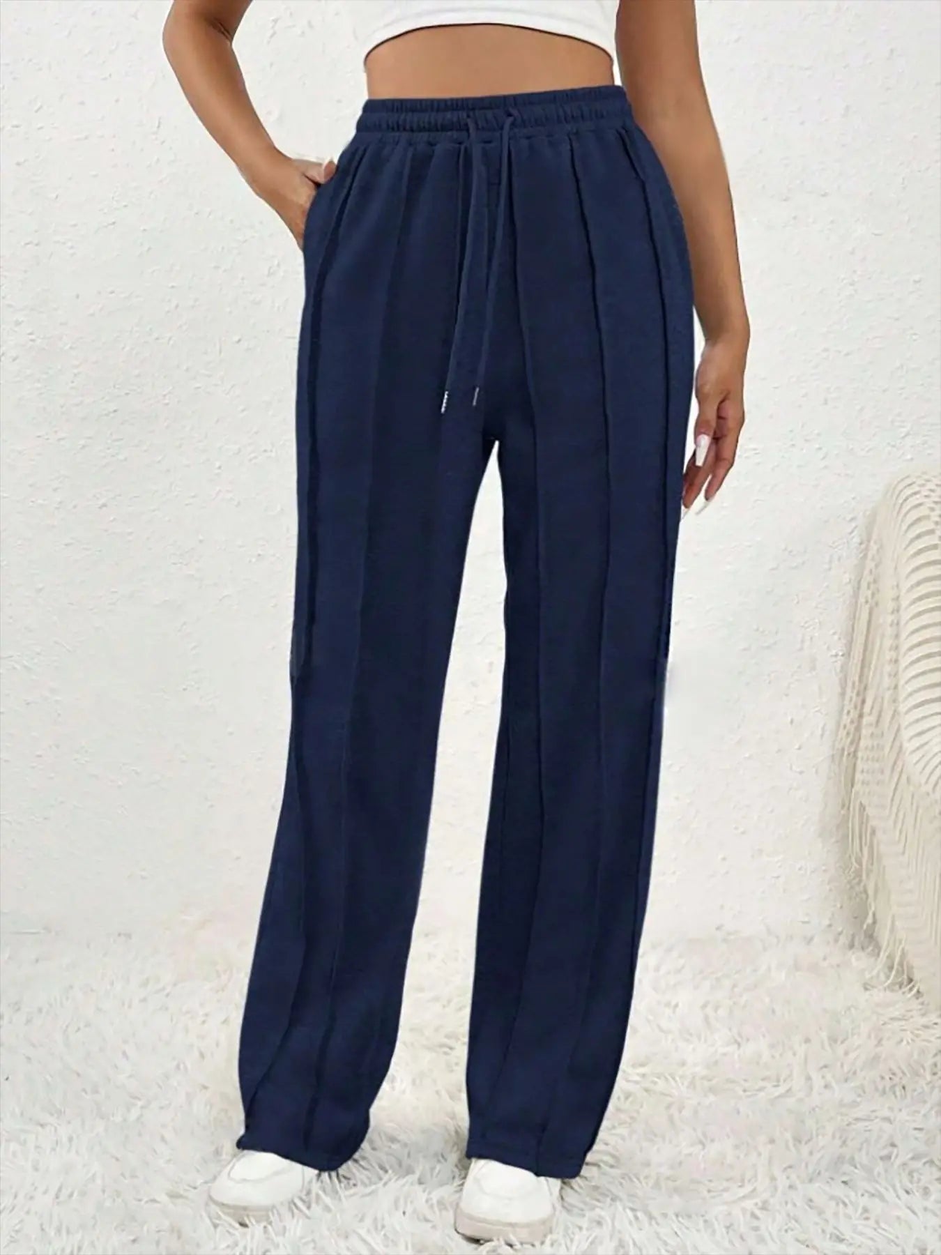 European and American women's casual fashion sweatpants with drawstring, vertical stripes, straight leg sports pants for women