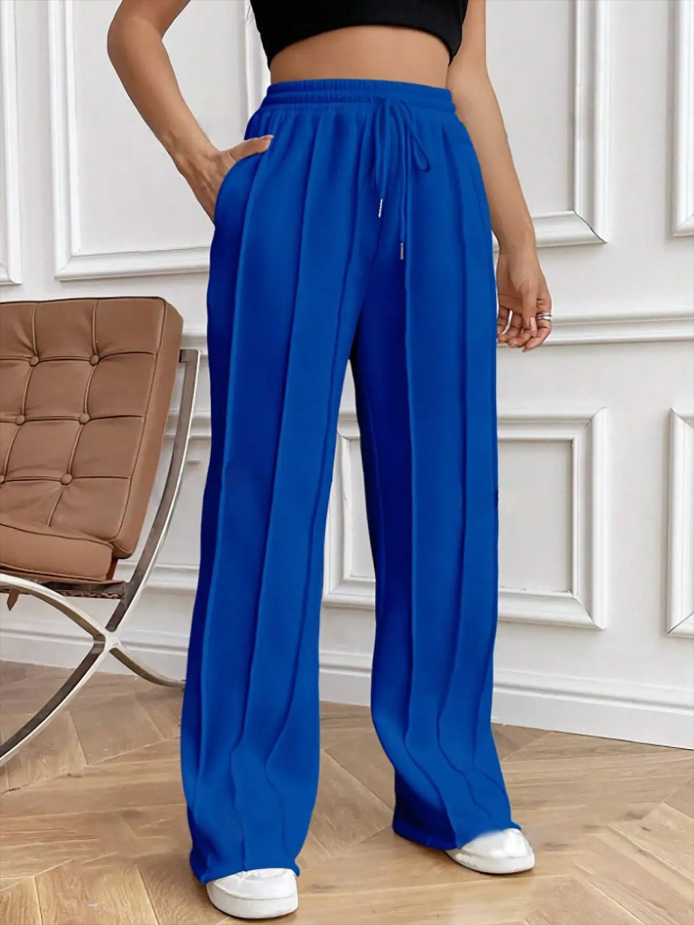 European and American women's casual fashion sweatpants with drawstring, vertical stripes, straight leg sports pants for women